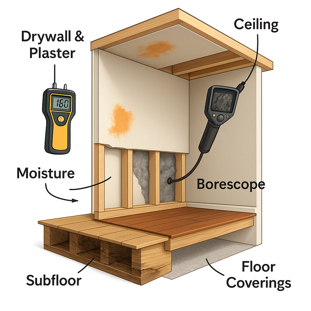 Cutaway illustration showing interior walls, ceiling, and floor inspection tools